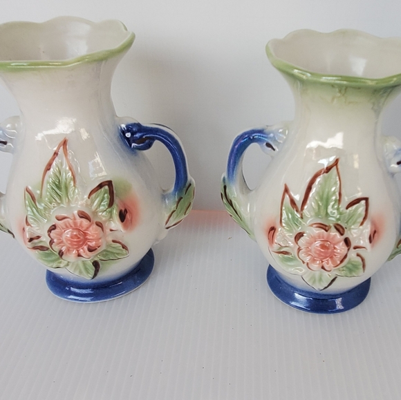 2 Vintage Floral Vases Lusterware Ornate trophy Brazil Blush Mint Blue 5" Pair - Picture 2 of 10